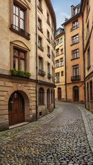 Fototapeta premium Quaint European Street: A charming, winding cobblestone street is framed by historic buildings in warm tones. This capture evokes a sense of timelessness and architectural beauty.