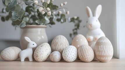 Fototapeta premium Minimalist Easter Still Life with Handcrafted Wooden Eggs