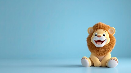 Cute cartoon lion cub sitting on a light blue background.  Plenty of copy space.