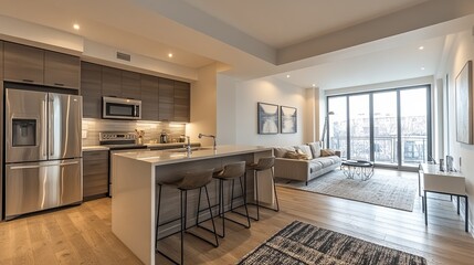 Trendy apartment interior featuring a contemporary kitchen. 