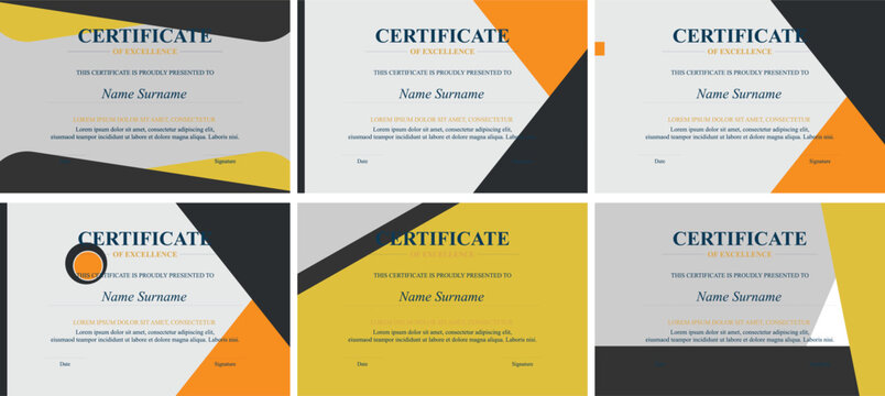 Six Modern Award Certificates; Yellow, Gray Design