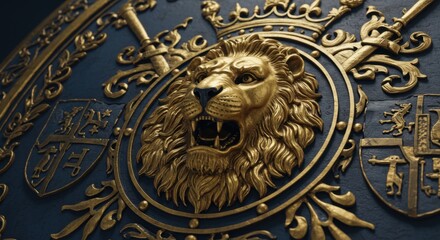 Majestic Heraldic Crest with Roaring Lion and Golden Filigree