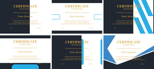 Six modern certificate templates; dark background, blue accents; achievement awards