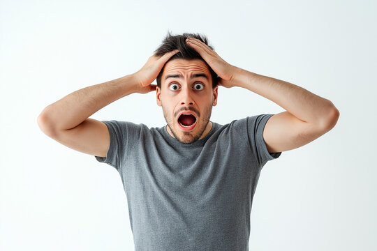 A frustrated young man's face expresses pain and stress in a tight scream
