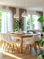Fototapeta premium A dining room with a wooden table set up