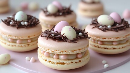 Fototapeta premium Easter-themed macarons with chocolate nests and decorative eggs on pink plate. Easter, Pascha, Paskha, Ostern, Pascua, Paques - Orthodox and Catholic Holiday celebration
