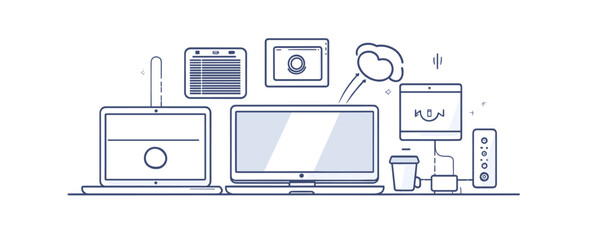 Flat linear icons set - home office technology and devices in vector style.