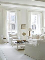 An all white interior living room space is presented here