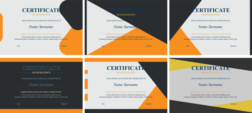 Six orange-yellow-grey certificates of excellence design templates