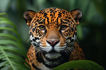 Obraz premium Majestic jaguar displaying striking features amidst lush green foliage in a tropical habitat