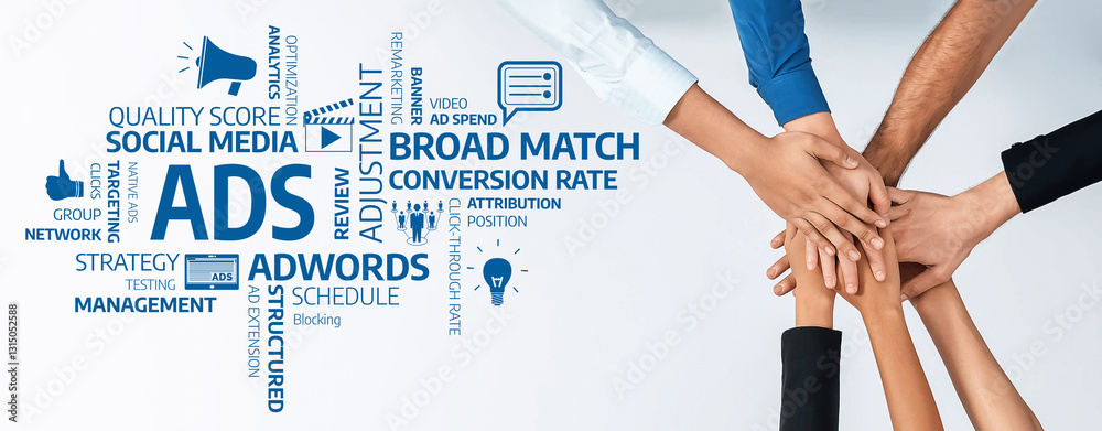 Poster This image illustrates a diverse team collaborating on advertising strategies, emphasizing teamwork, digital marketing techniques, and effective campaign management for success. Amity