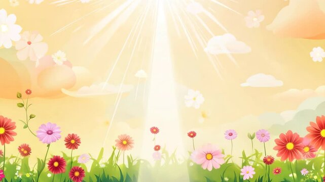 Spring meadow with daisies butterflies and sunny sky vector illustration