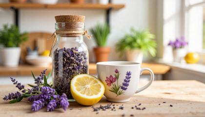 Lavender tea ingredients arranged on wooden table, culinary relaxation