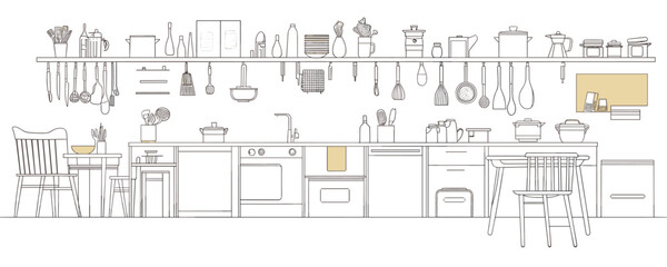 Linear flat kitchen icons set - cooking and dining essentials in minimalist style.