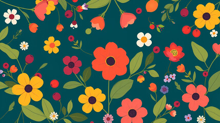 Vector flat flowers and berries background, creative color pattern.