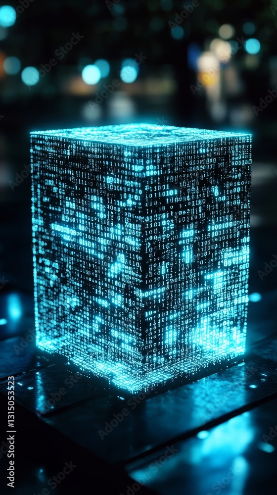 Poster a cube with a blue light on it. the cube is surrounded by a dark background. the blue light on the c