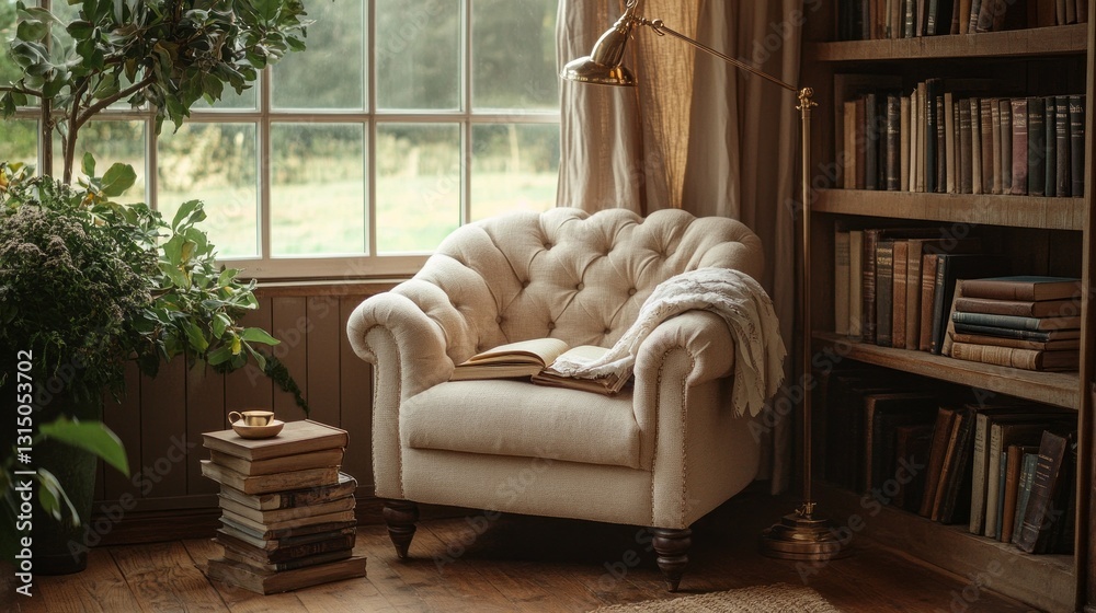 Poster a charming reading space features a plush tufted armchair near a sun-drenched window adorned with lu