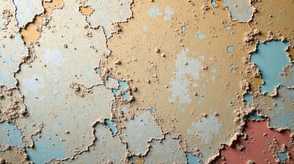 Fototapeta premium Abstract Textured Wall Surface with Flaking Paint in Pastel Hues Showing Damage and Erosion