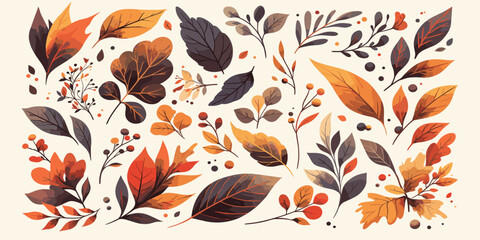 Flat autumn leaves icons set in linear style featuring various seasonal foliage elements.