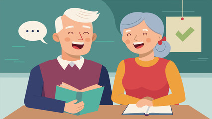 Fototapeta premium An elderly couple sitting side by side in a cozy classroom practicing pronunciation and laughing together at their mistakes.. Vector illustration