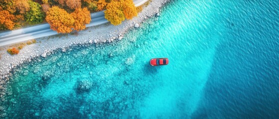 Aerial view of a red car in crystal clear turquoise water near a coastal road with autumn trees