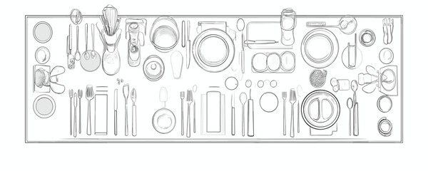 Flat linear kitchenware icons set - top view of tableware and cutlery arrangement.