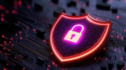 Cybersecurity shield icon on circuit board representing digital protection and safety