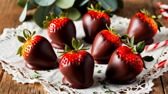 A delicious selection of fresh strawberries dipped in rich chocolate, elegantly arranged on a lace doily for a sweet treat. . High quality 4k footage