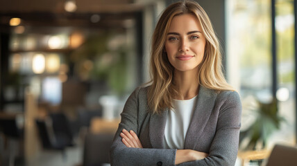 Fototapeta premium Portrait of caucasian businesswoman on blurred office background. Confident, smart and successful woman. Generated AI
