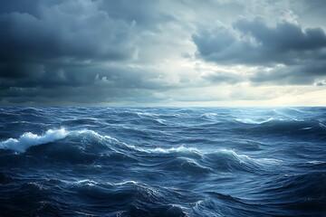 Fototapeta premium A dramatic seascape with turbulent waves and overcast skies, evoking a sense of nature's power.
