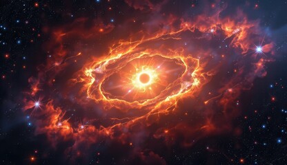 Obraz premium This dynamic digital artwork presents a powerful cosmic event, showcasing a central burst of energy radiating outwards amidst a swirling nebula