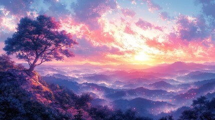 Obraz premium Misty mountain sunset, vibrant colors