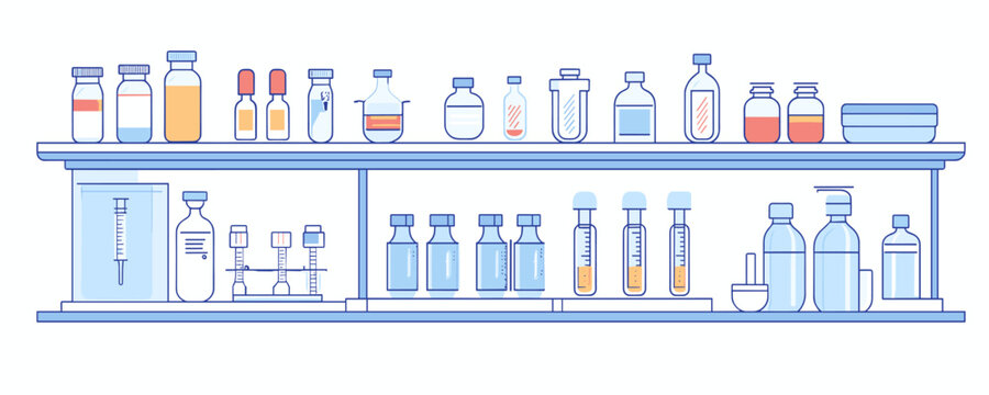 Flat linear icons set of chemistry lab equipment on shelves - vector style.