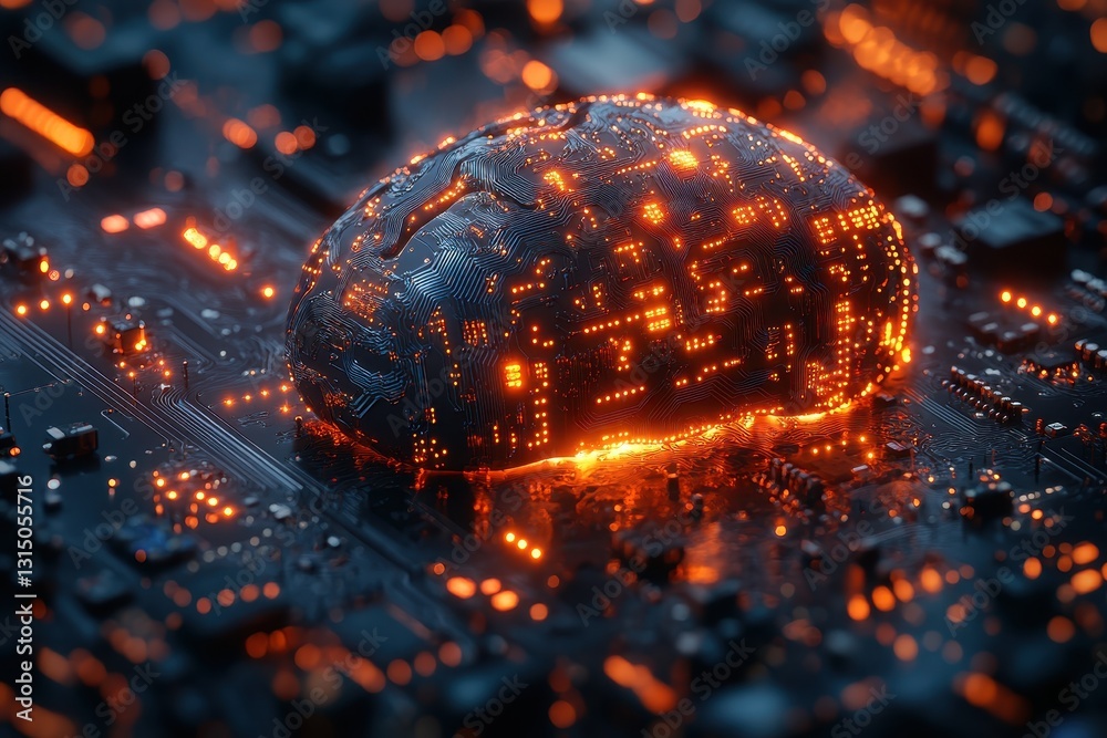 Poster artificial intelligence concept with glowing neural network on a circuit board in a technological en