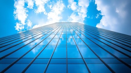 Towering glass structure reaches toward the sky, mirroring fluffy white clouds and deep blue above. A striking example of contemporary design and urban landscape, captivating all who gaze upon it