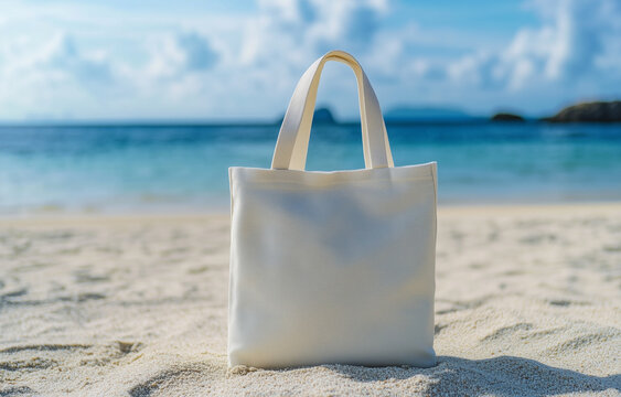 Fotograf&iacute;a de una bolsa de tela blanca org&aacute;nica en la playa