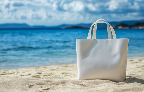Fotograf&iacute;a de una bolsa de tela blanca org&aacute;nica en la playa