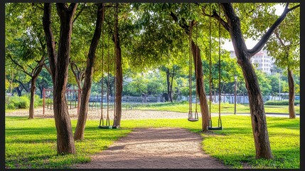 Fototapeta premium Empty park swings in grassy path, sunny day, playground background