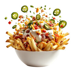 Loaded French Fry Platter with Cheese Jalapenos Bacon and Tomatoes Isolated on Transparent Background