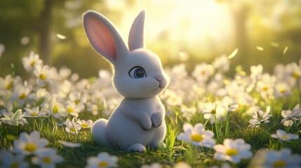 Fototapeta premium Cute rabbit in Spring field.