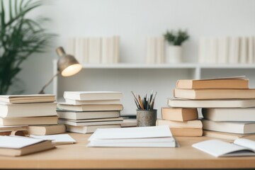 Fototapeta premium cluttered desk with scattered books stationery and old lamp all items slightly askew