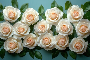 Obraz premium Elegant arrangement of cream roses with green leaves on soft background for special occasions and celebrations
