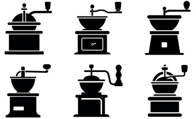 A collection of four black and white silhouettes of vintage-style hand-cranked coffee grinders.