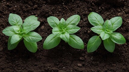 Naklejka premium Fresh Green Seedlings Growing in Dark Soil Under Natural Light