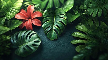 Fototapeta premium Lush Tropical Foliage with Green Leaves and a Splash of Color