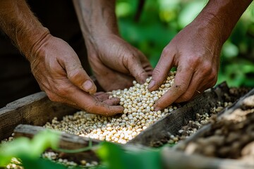 Farmer Hands Planting Organic Soybean Seeds Agriculture Rural Farming Planting Season Harvest Time Agricultural Work Close Up View Fresh Soybeans     