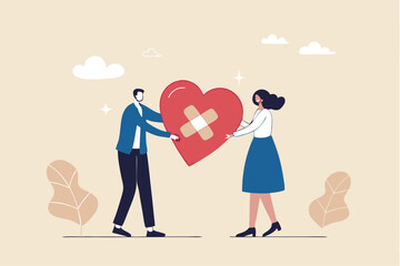 Forgiveness to keep relationship last long, togetherness or love couple concept, happy man and woman, husband and wife with bandage on broken heart shape as forgiveness symbol.