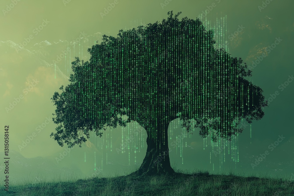 Poster digital tree with binary code overlay in a greenish landscape