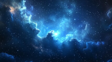 Naklejka premium Swirling clouds of vibrant colors form a cosmic nebula, while twinkling stars peek through the velvety darkness, evoking a sense of wonder and contemplation in the heart of the universe