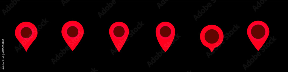 Poster six red map pin icons arranged in a row display differences in shape and design details.